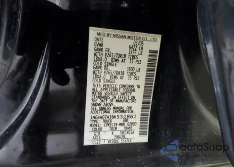 2006 Nissan Titan Xe z USA, uszkodzony, nr VIN 1N6BA07A36N551861